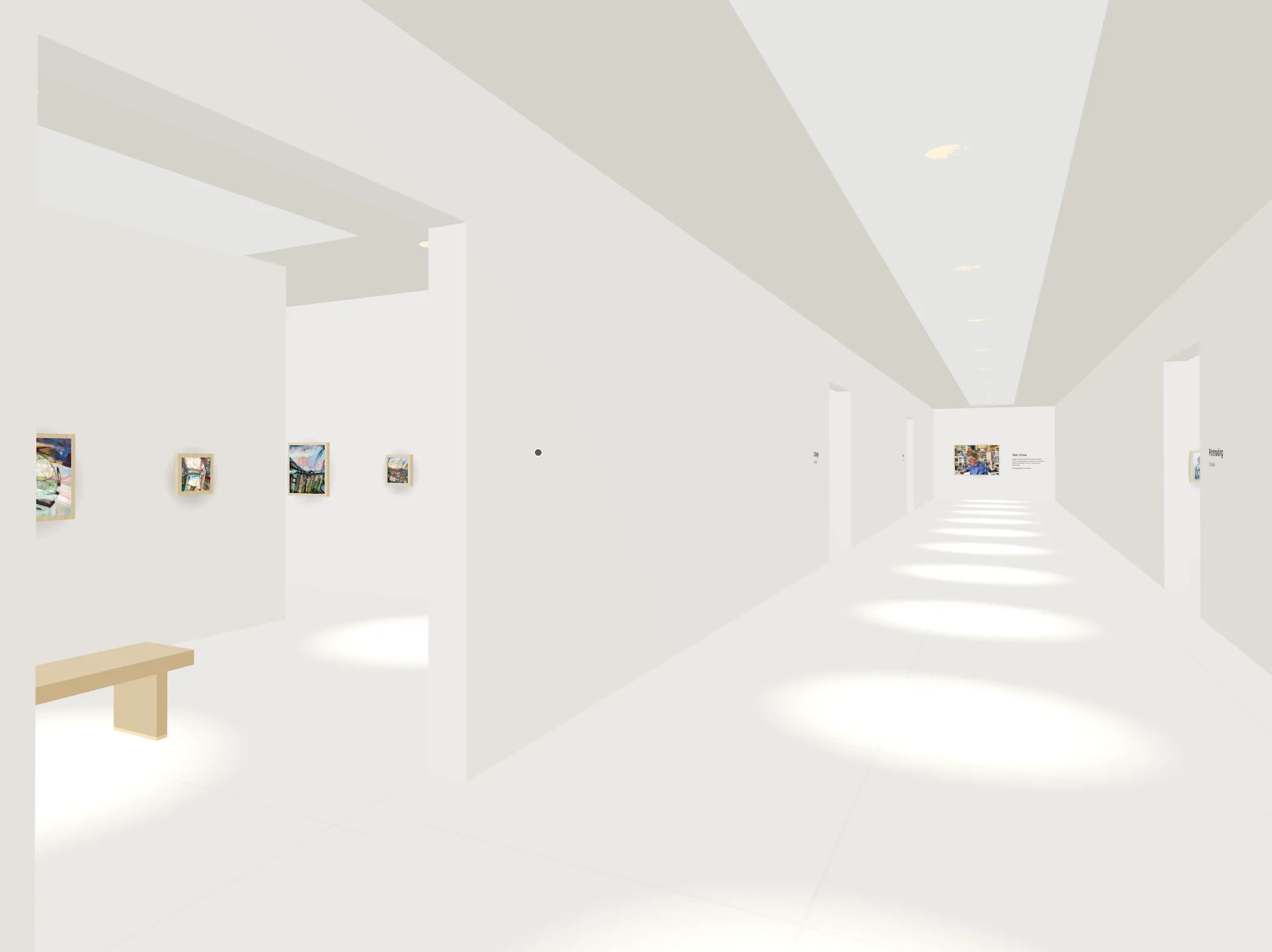 A view inside the 3D gallery: a bright corridor lined with paintings